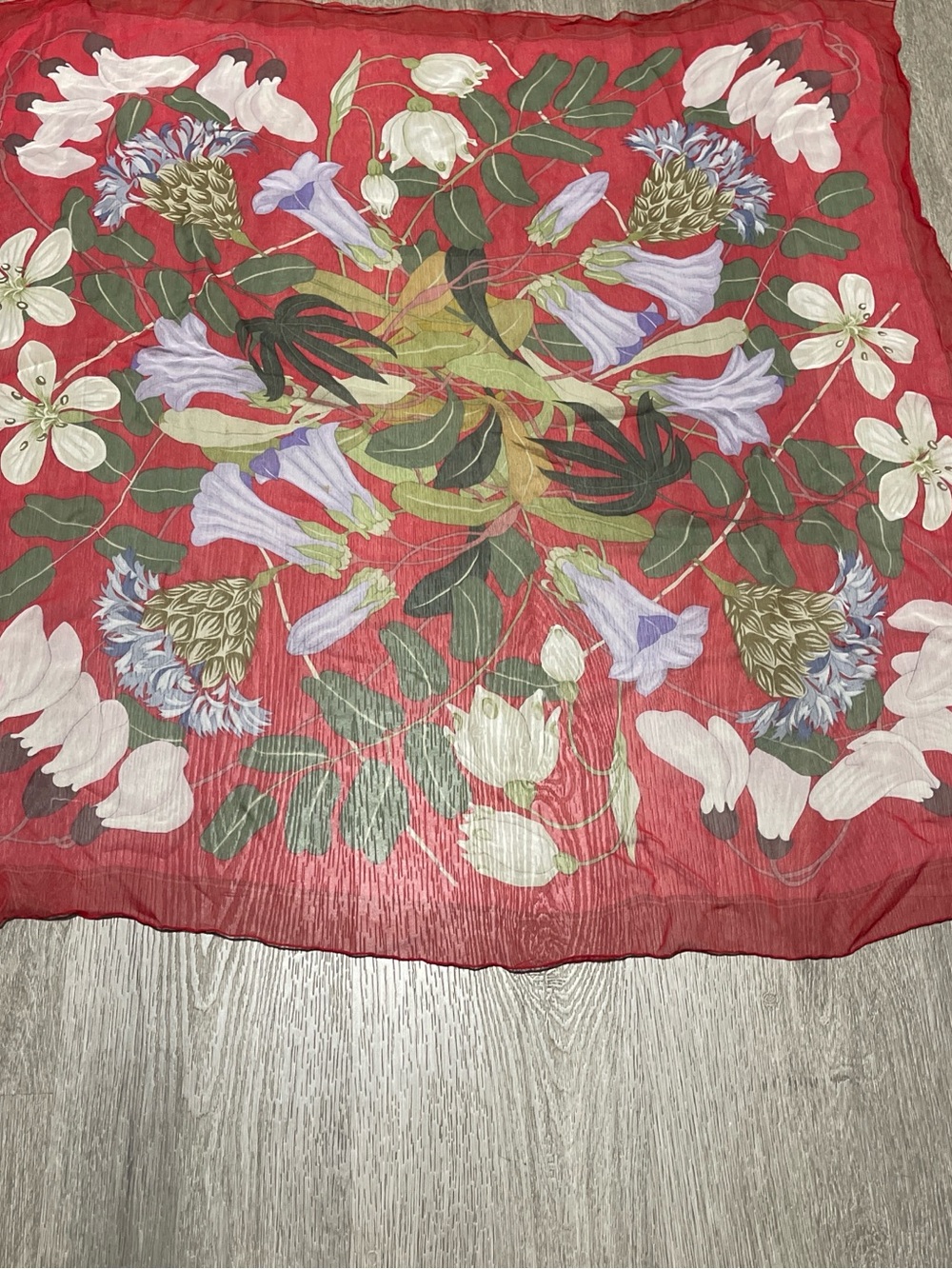 Hermes Paris red floral square scarf with lavender and green motifs Tags Missing